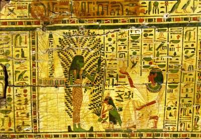 The Sycamore goddess Nut pouring a liquid drunk by the bird-like soul of Nespawershefyt by Egyptian 21st Dynasty